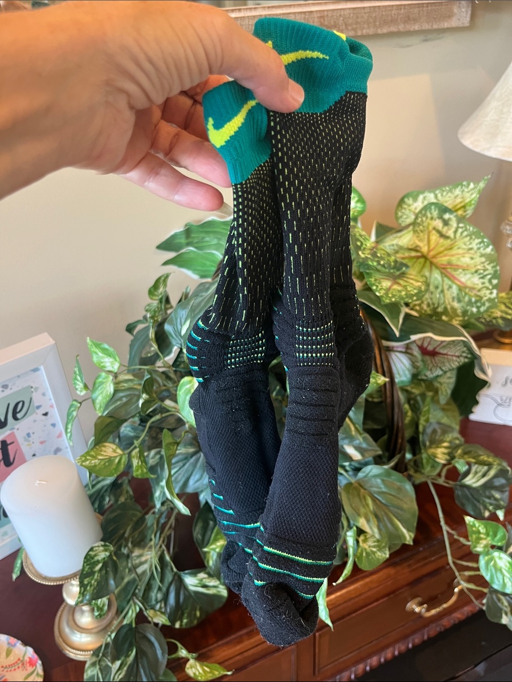 Nike Elite Performance Athletic Crew Black Socks with Teal Cuff and Neon Yellow